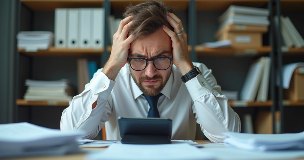 Empresário frustrado analisando erros financeiros 