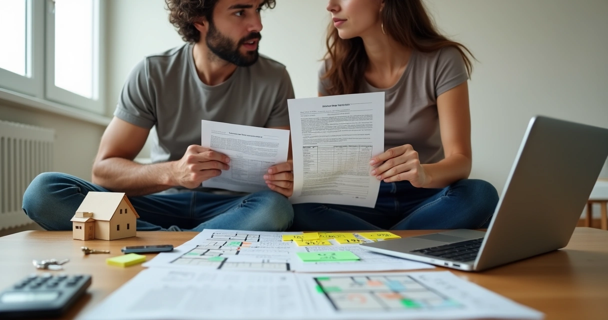 Jovem casal compara propostas de financiamento imobiliário em mesa cheia de papéis e laptop 