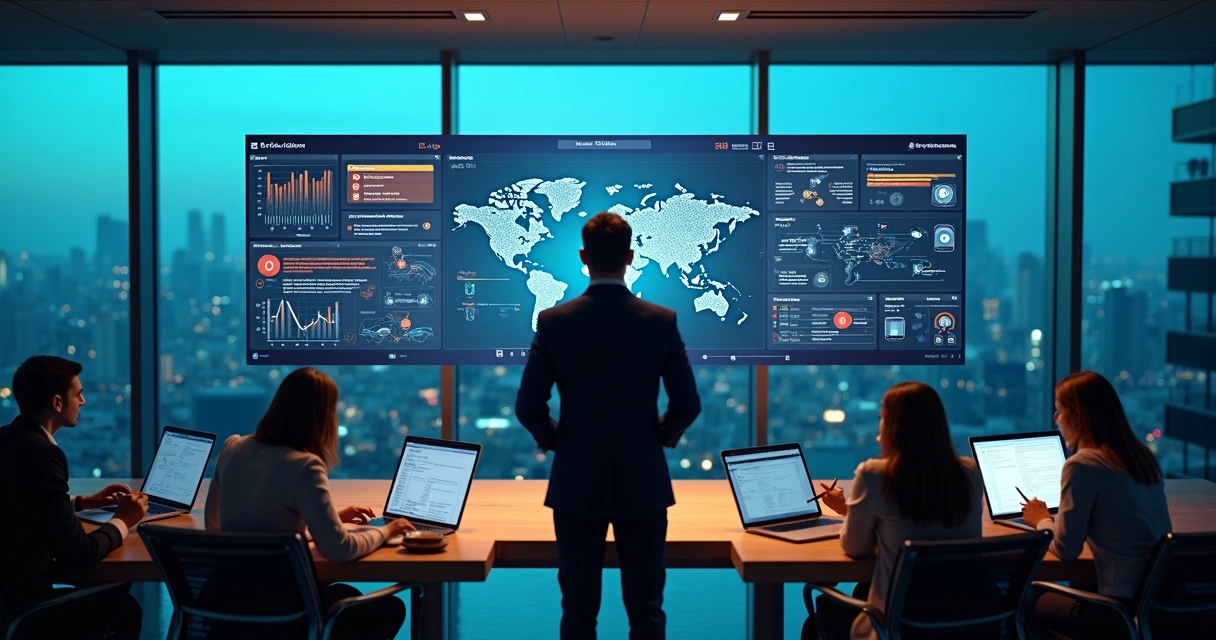 Gestor avaliando fluxo de automação com inteligência artificial em múltiplas telas 
