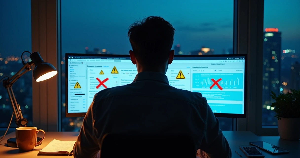 Pessoa olhando tela com ícones de alerta sobre franquia online 