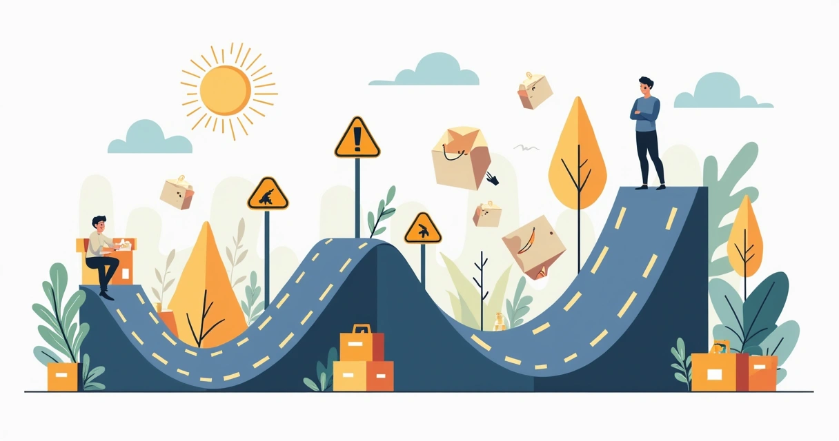 Mapa de percurso com obstáculos mostrando perigos de erros, caixas caindo e avisos de cuidado 