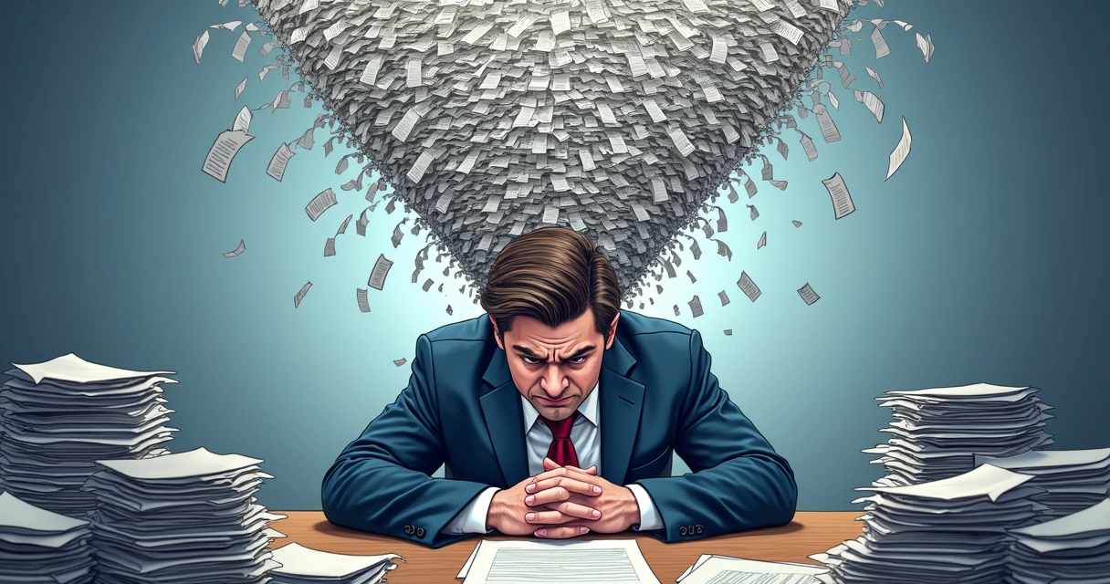 Ilustração de profissional frustrado olhando para pilha de papéis e funil comercial confuso ao fundo. 