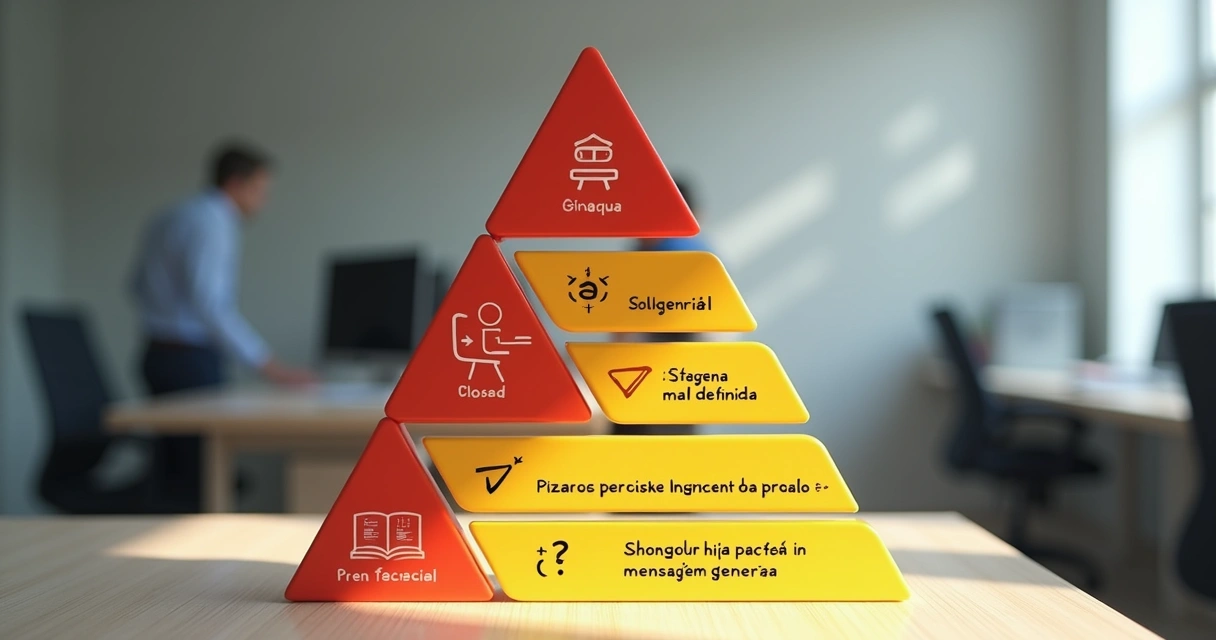 Gráfico triangular com alertas indicando erros comuns no funil de vendas. 