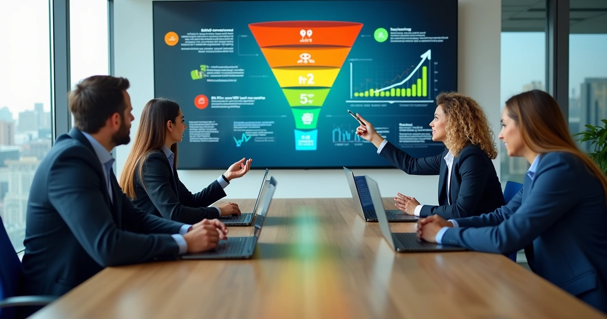 Equipe analisa funil de vendas com gargalos destacados em painel digital 