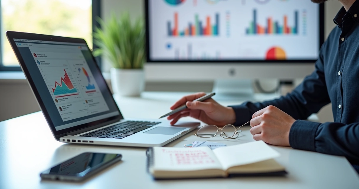 Gestor de marketing analisando erros em redes sociais no notebook com gráficos em queda 