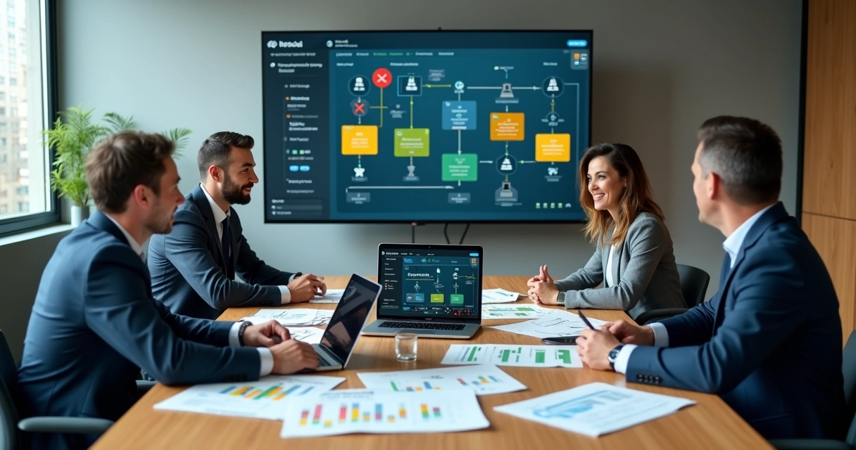 Gestores de pequena empresa em reunião avaliando projeto de inteligência artificial 