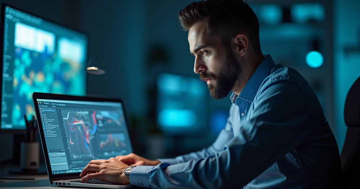 Profissional de tecnologia frustrado diante de laptop mostrando erros em implementação de automação em agência digital 