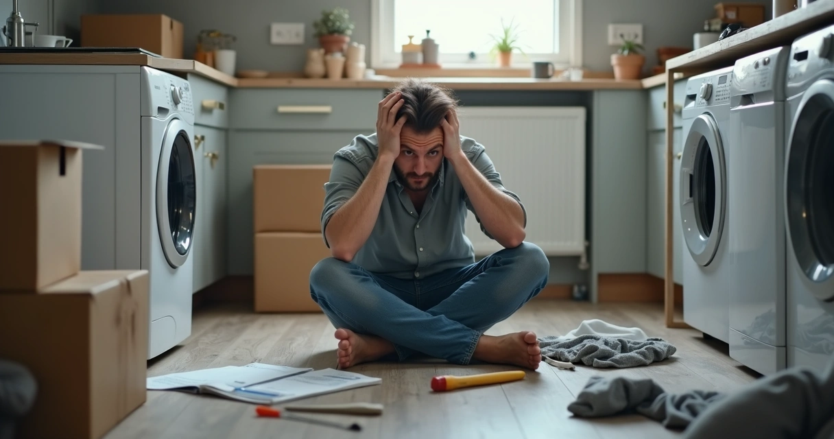 Homem confuso cercado por ferramentas e manual aberto 