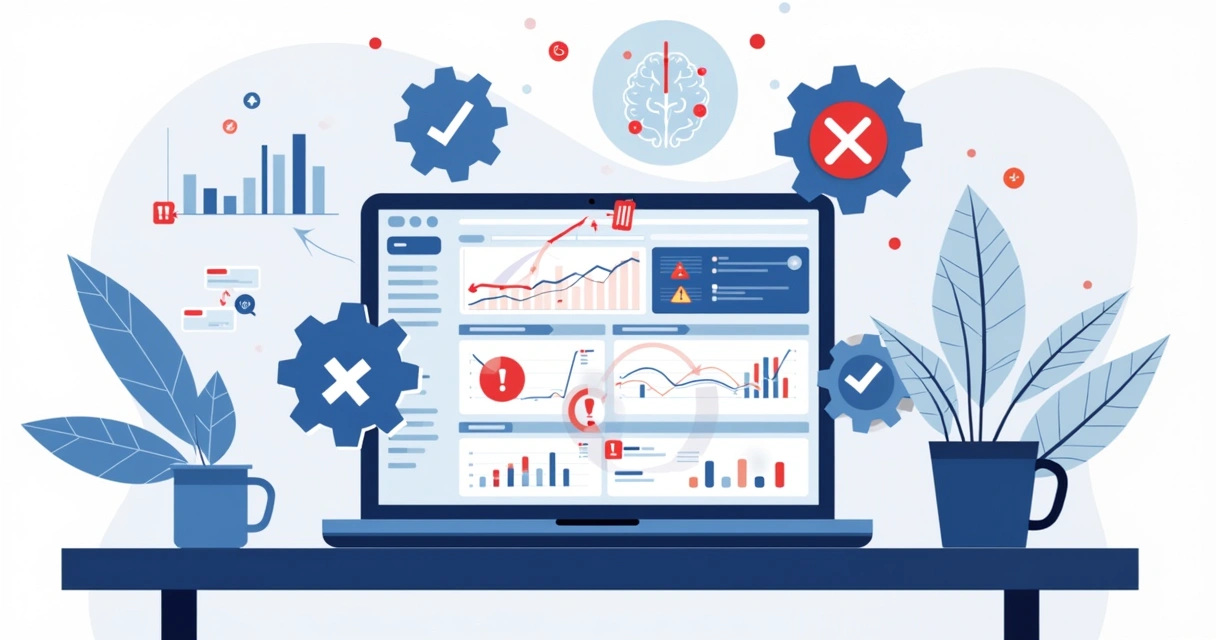Ilustração corporativa mostrando erros comuns no uso de inteligência artificial em gestão de projetos com ícones de alerta, computadores e gráfico confuso 