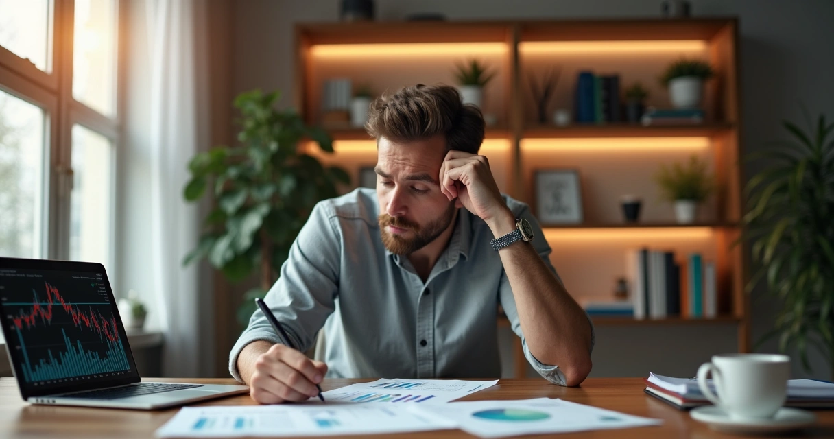 Homem sentado à mesa com expressão de frustração observando gráficos e documentos financeiros desorganizados 