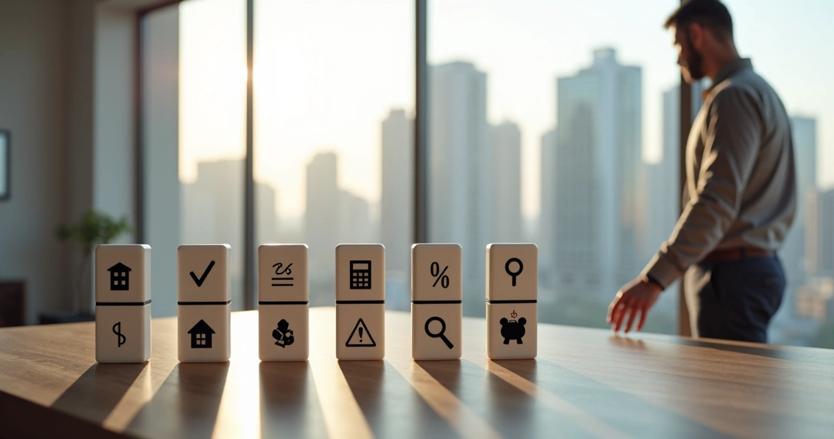Investidor em dúvida diante de peças de dominó com ícones de imóveis prestes a cair 