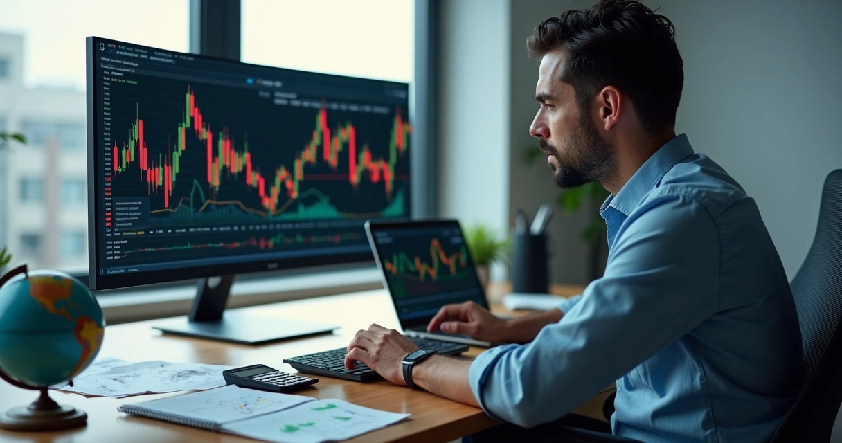 Investidor brasileiro preocupado analisando gráficos internacionais em tela de computador 