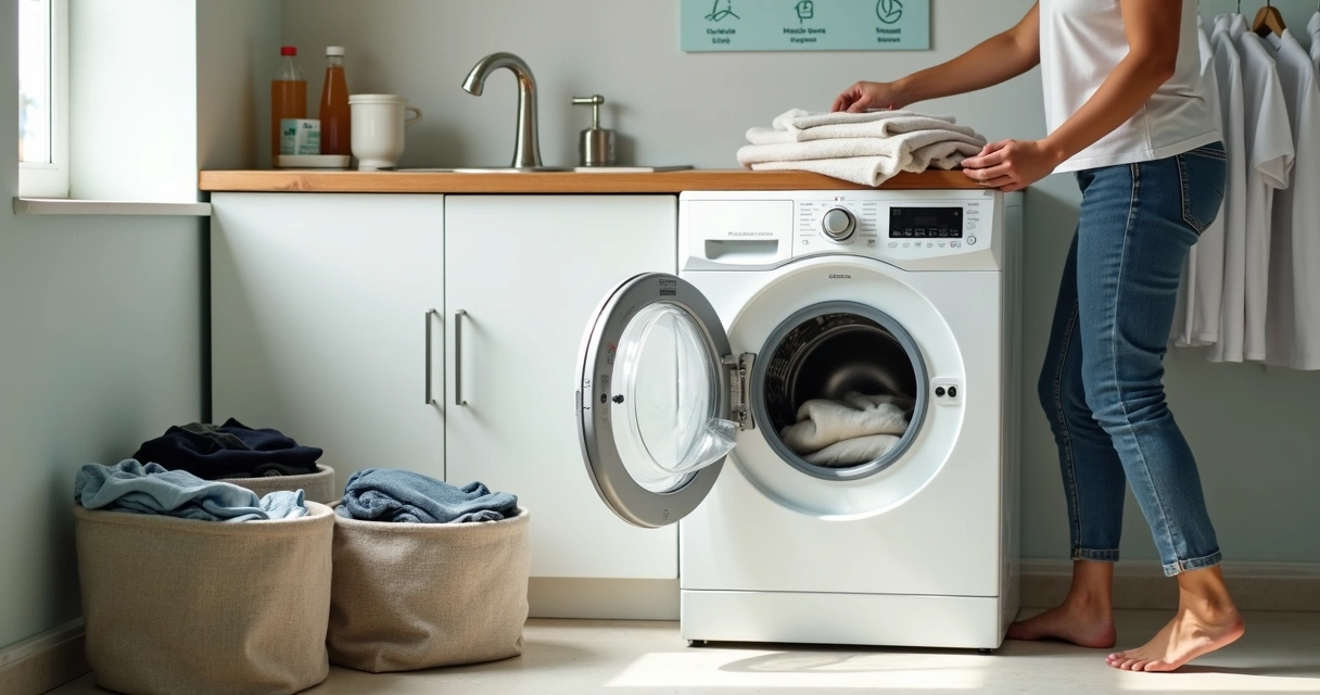 Lavanderia organizada mostrando boa separação de roupas e produtos de limpeza 