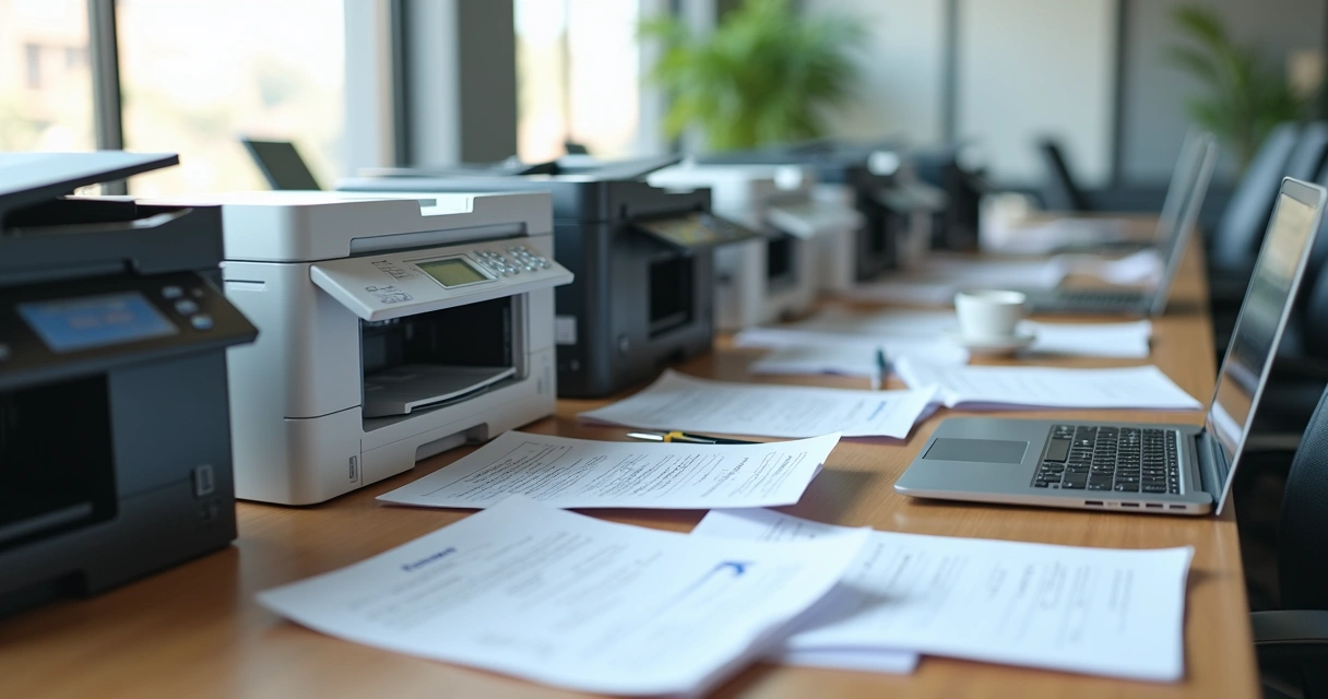 Mesa de escritório com várias impressoras multifuncionais modernas, papéis e contratos espalhados, representando erros na locação de impressoras 