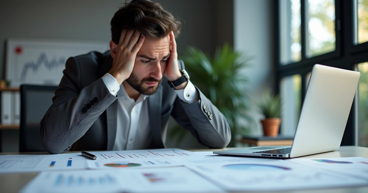 Profissional analisando relatórios com expressão preocupada, papéis com gráficos em mesa 