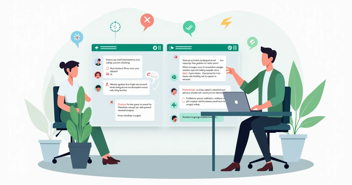 Ilustração de pequena empresa ajustando mensagens automáticas no WhatsApp em painel de controle 