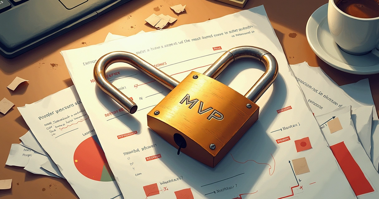 Ilustração de um cadeado quebrado em cima de papéis de MVP 