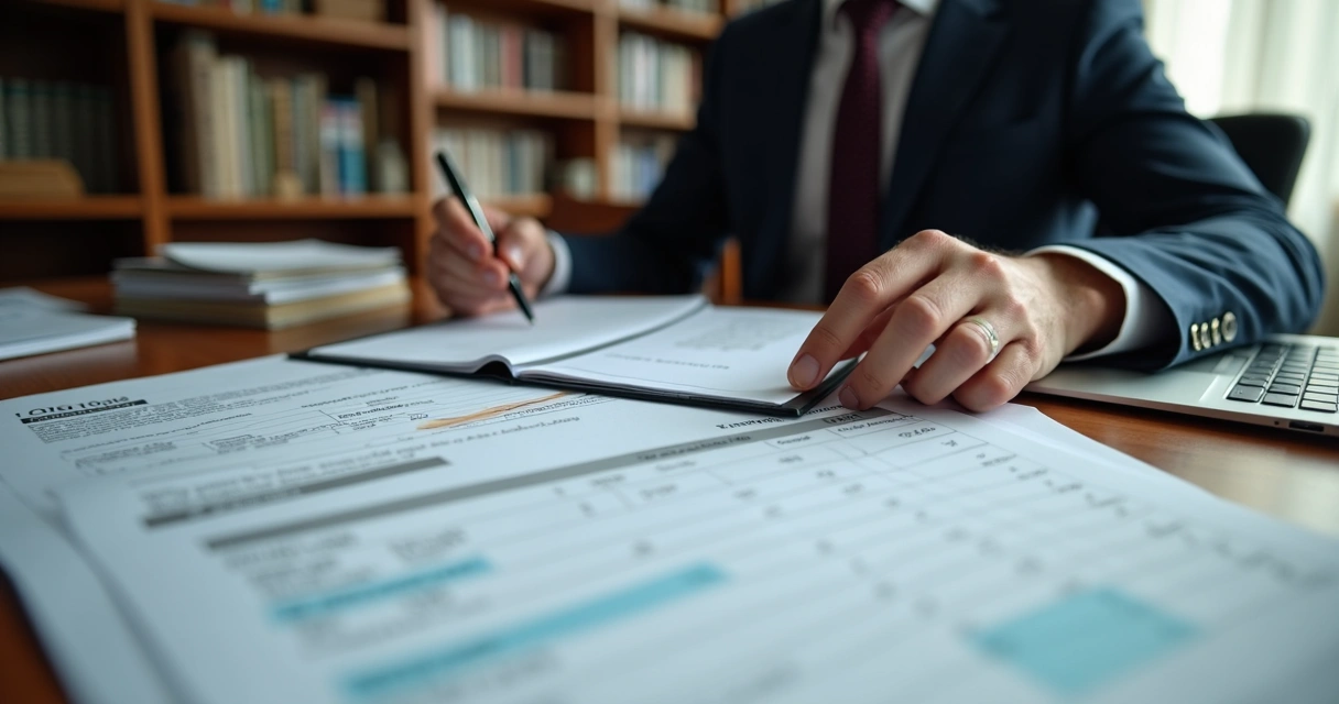Pessoa revisando notas fiscais em mesa repleta de papéis e laptop 