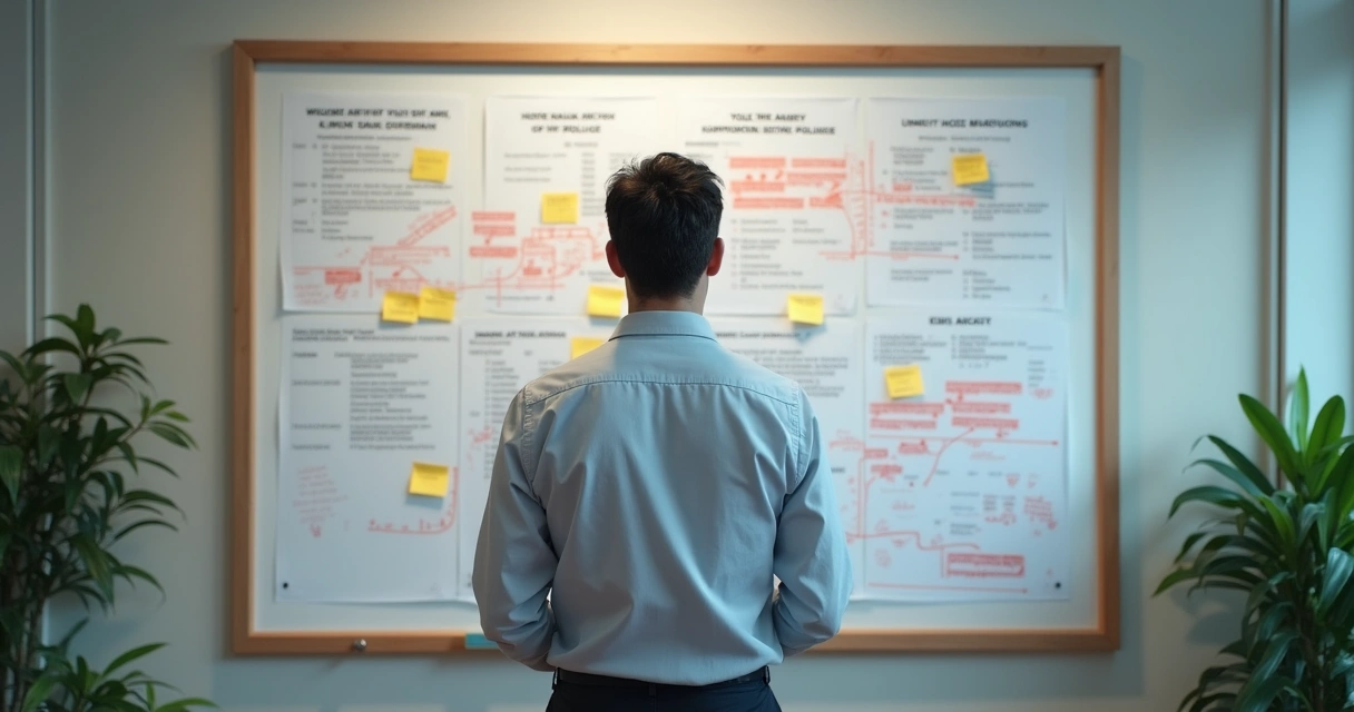 Gestor preocupado diante de quadro com erros em OKRs 