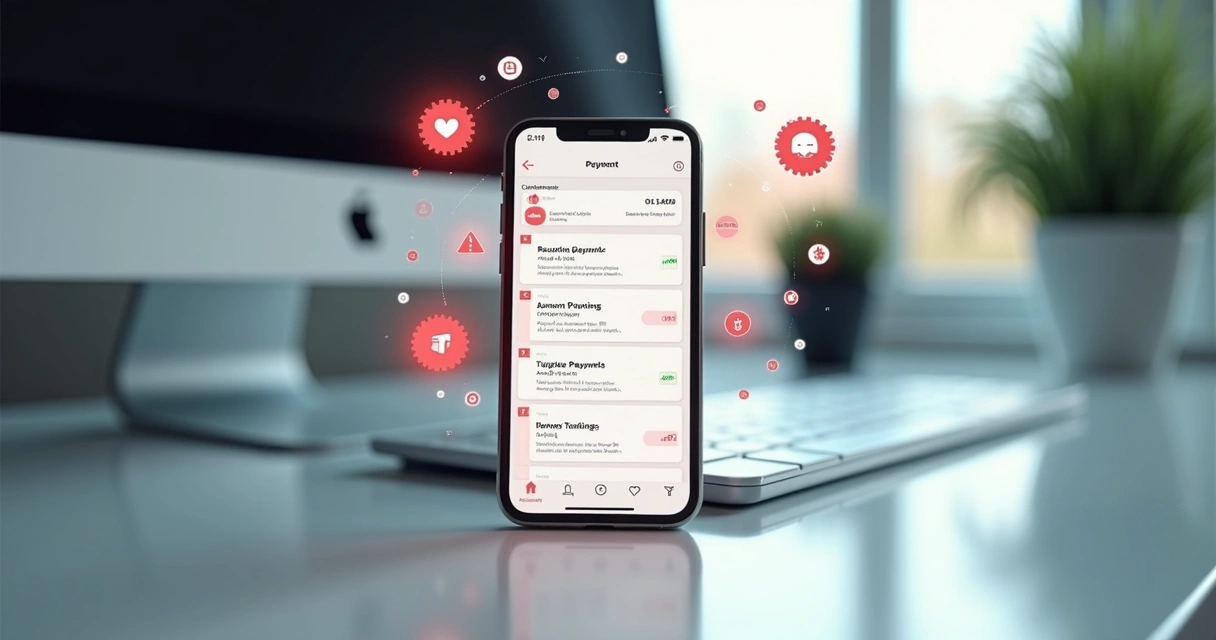 Representação de processamento de pagamentos digitais com ícones de alertas de erro e correção 