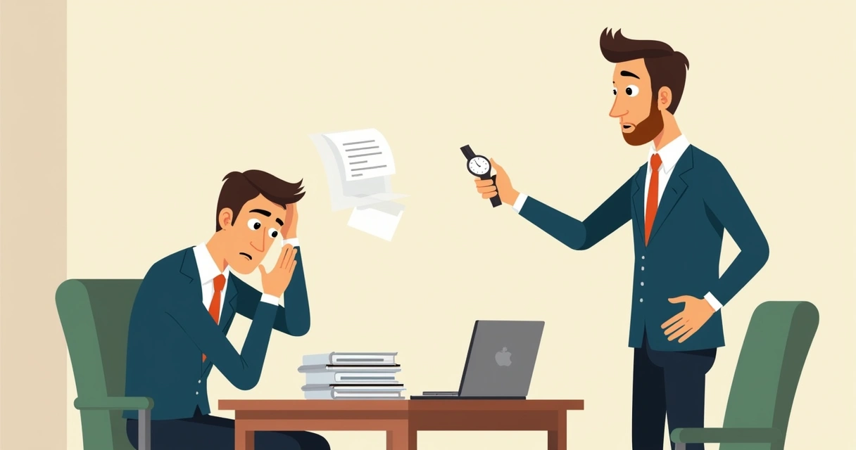 Empresário frustrado diante de pilha de papéis, outro olhando para o relógio 