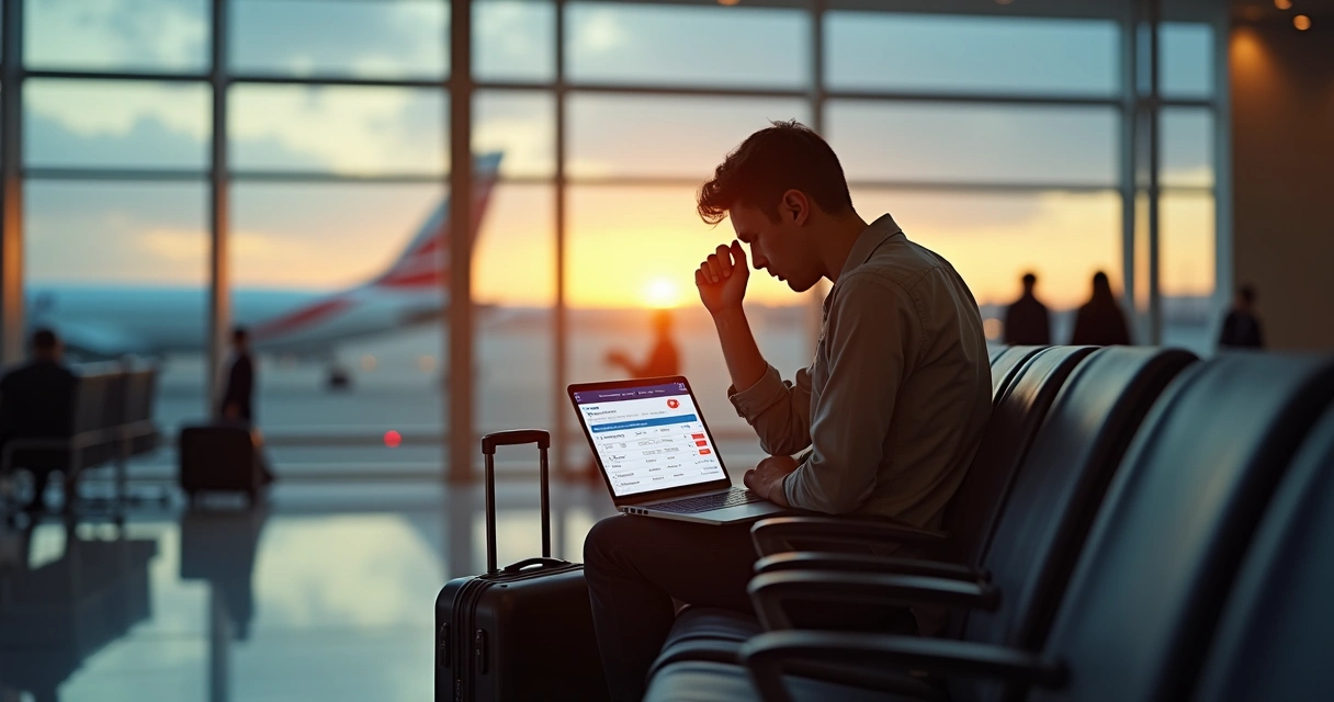 Viajante confuso olha para passagens aéreas caras em tela de notebook no aeroporto 