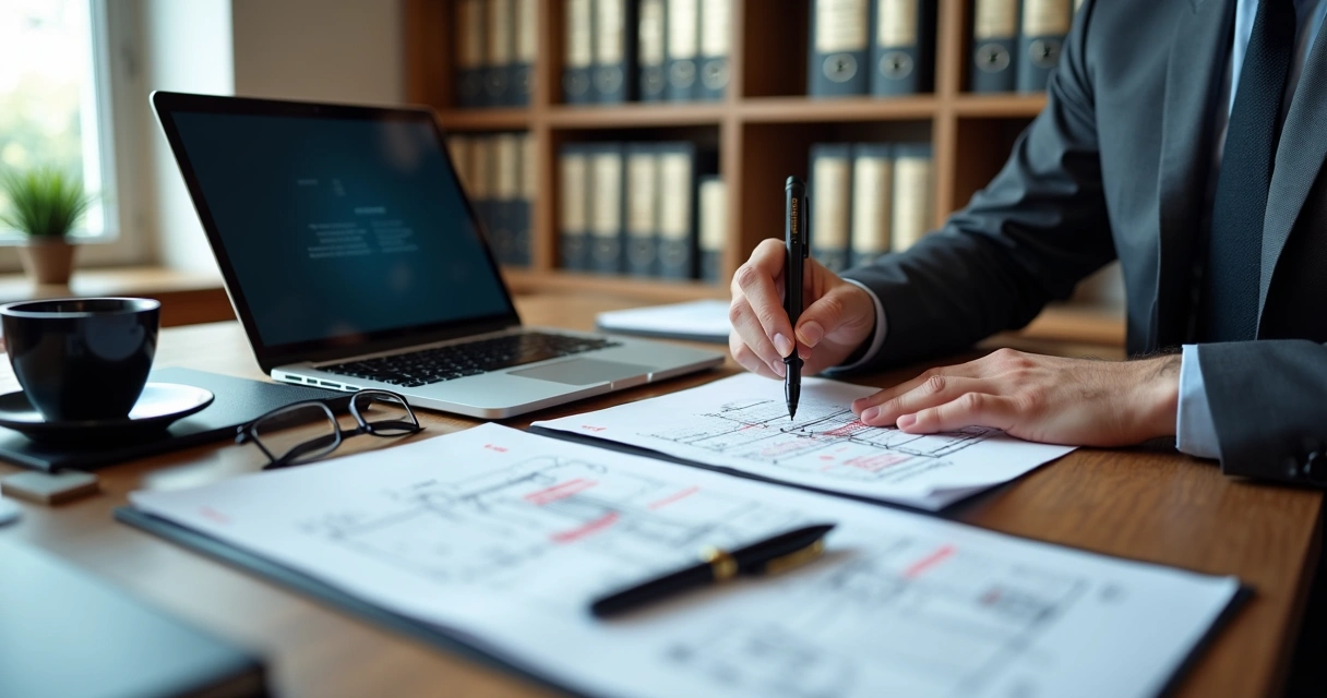 Advogado revisando pedido de patente com documentos e laptop sobre a mesa 