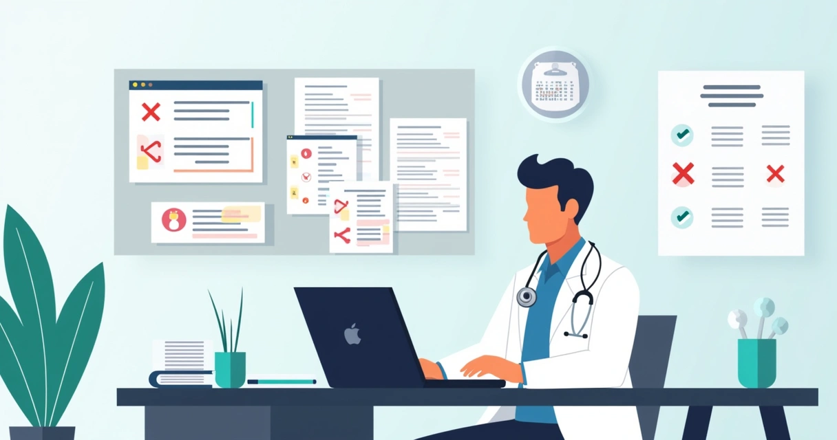 Ilustração de médico revisando pedido médico online com erros destacados na tela 