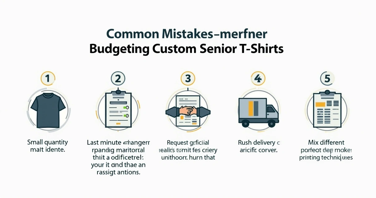 Cinco erros comuns no orçamento de camisetas do terceirão, ilustrados com ícones e listas 