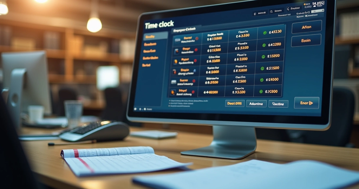 Tela de computador com registros de ponto digital e planilha de horas trabalhadas 