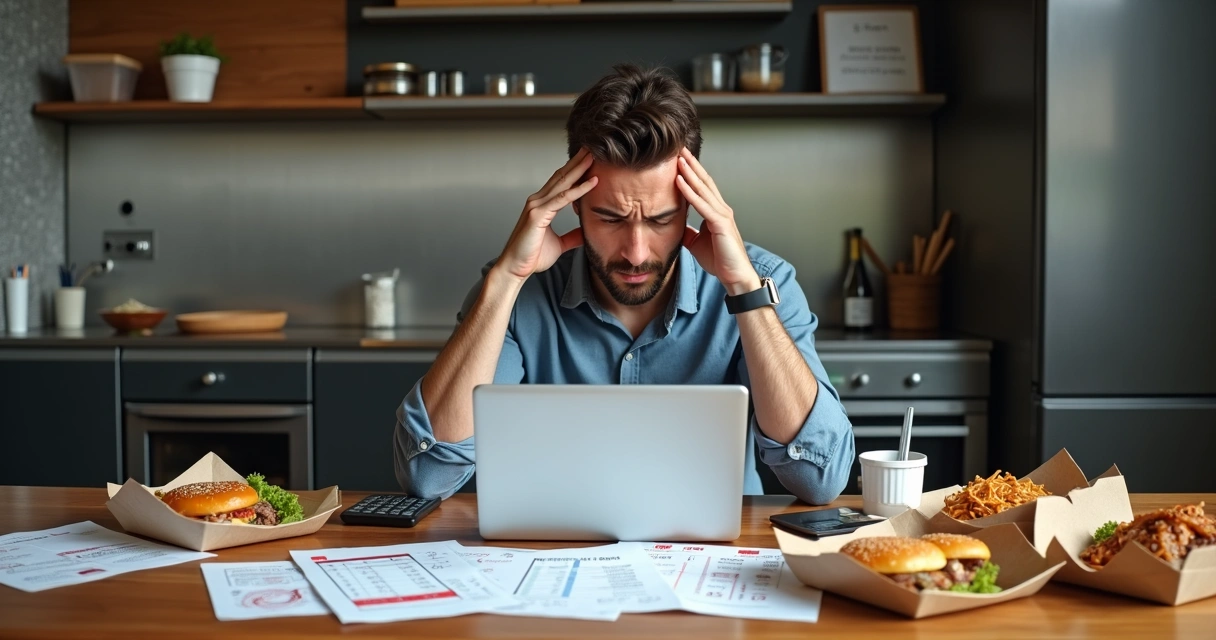 Dono de restaurante analisando custos de pratos delivery em frente ao notebook 