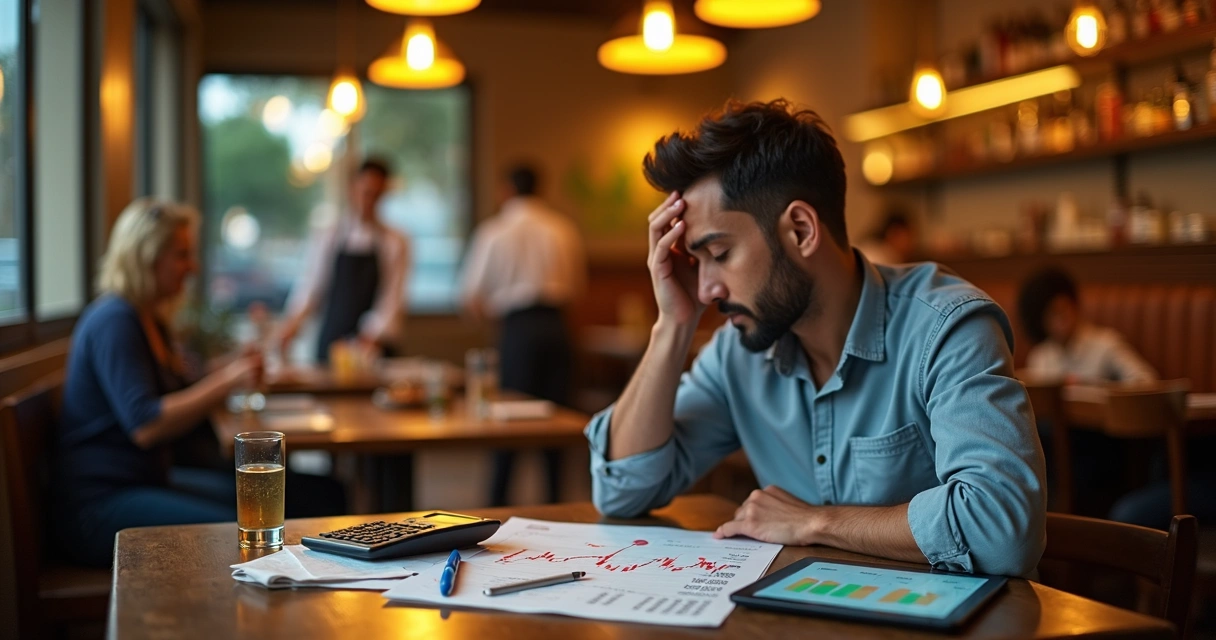 Dono de restaurante preocupado analisando preços no cardápio e relatórios financeiros 