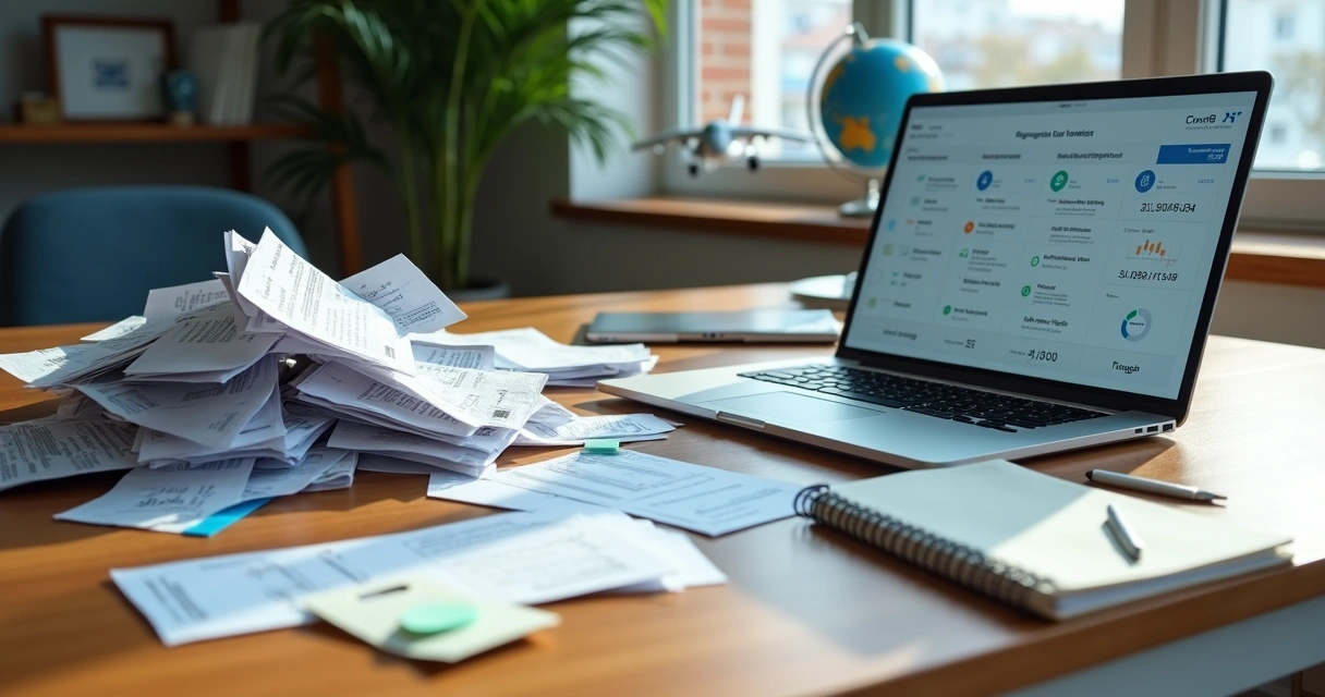 Mesa com cartões de fidelidade aérea apresentados de forma bagunçada ao lado de comparação organizada de benefícios 