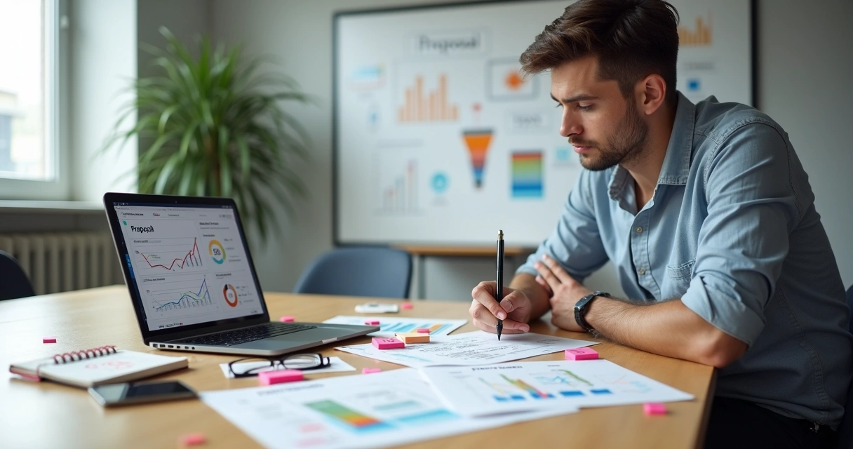 Gestor de agência revisando proposta comercial com anotações de erros em destaque 