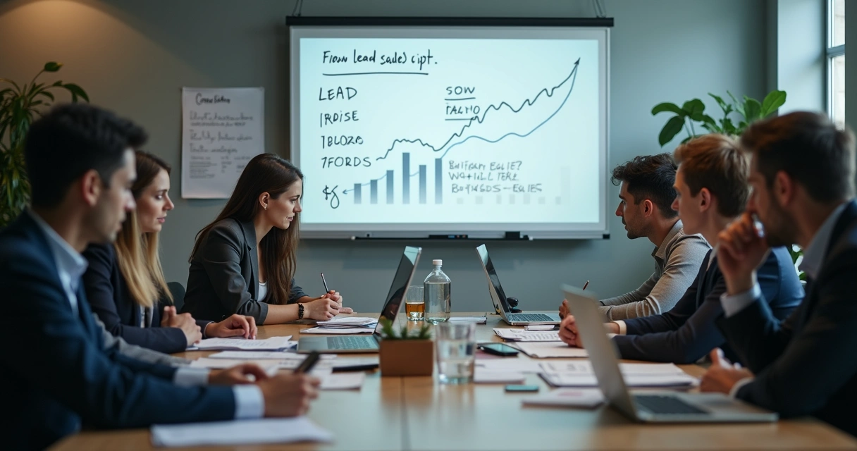 Equipe de vendas frustrada olhando para poucos leads em uma lousa de funil de vendas 