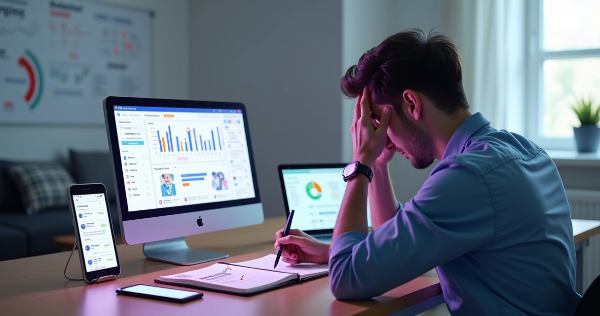 Gestor analisando erros em redes sociais em vários dispositivos sobre a mesa 