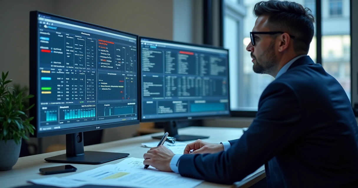 Gestor revisando relatórios digitais de ponto em tela grande 