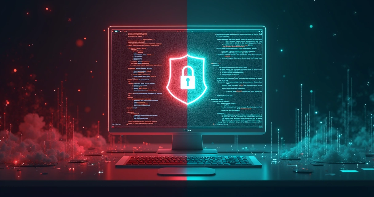 Metade de código vulnerável e metade protegida por escudo digital 