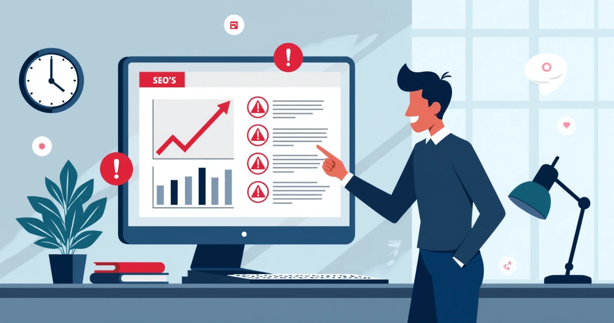 Ilustração corporativa flat de profissional analisando gráfico com erros de SEO destacados em tela de computador 