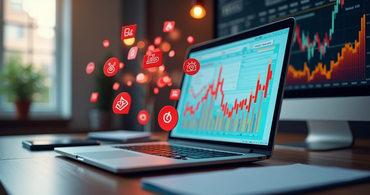 Mesa com computador mostrando gráficos e ícones digitais vermelhos de alerta sobre trade marketing digital 