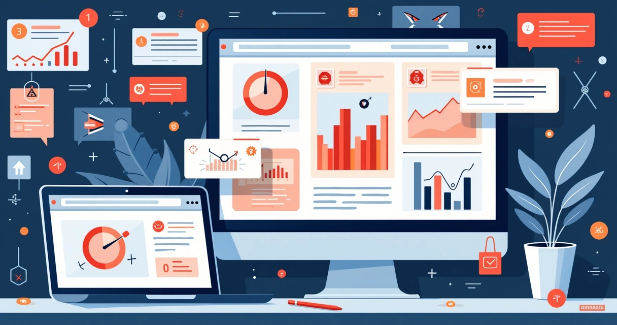 Campanha digital com banners sobrepostos mostrando erros comuns, como segmentação ampla e página de destino confusa. 