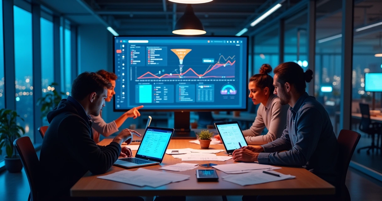 Dashboard de startup com funil de conversão caindo e equipe analisando erros de UX 