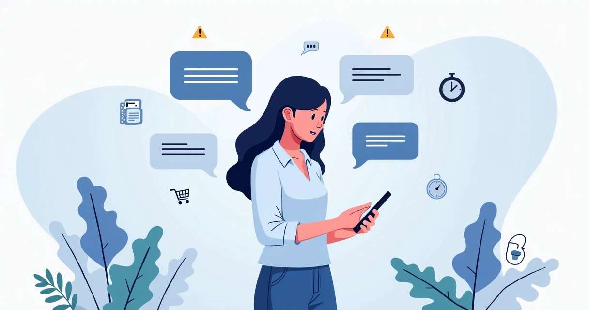Ilustração corporativa de vendedor usando smartphone com erros comuns ao vender pelo WhatsApp mostrados ao redor 