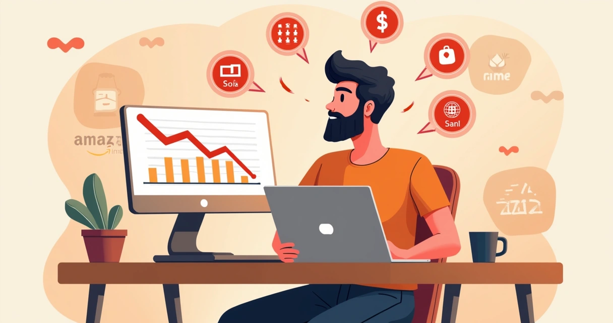 Ilustração de vendedor frustrado diante de computador com gráficos de vendas em queda e alertas de erros ao redor 