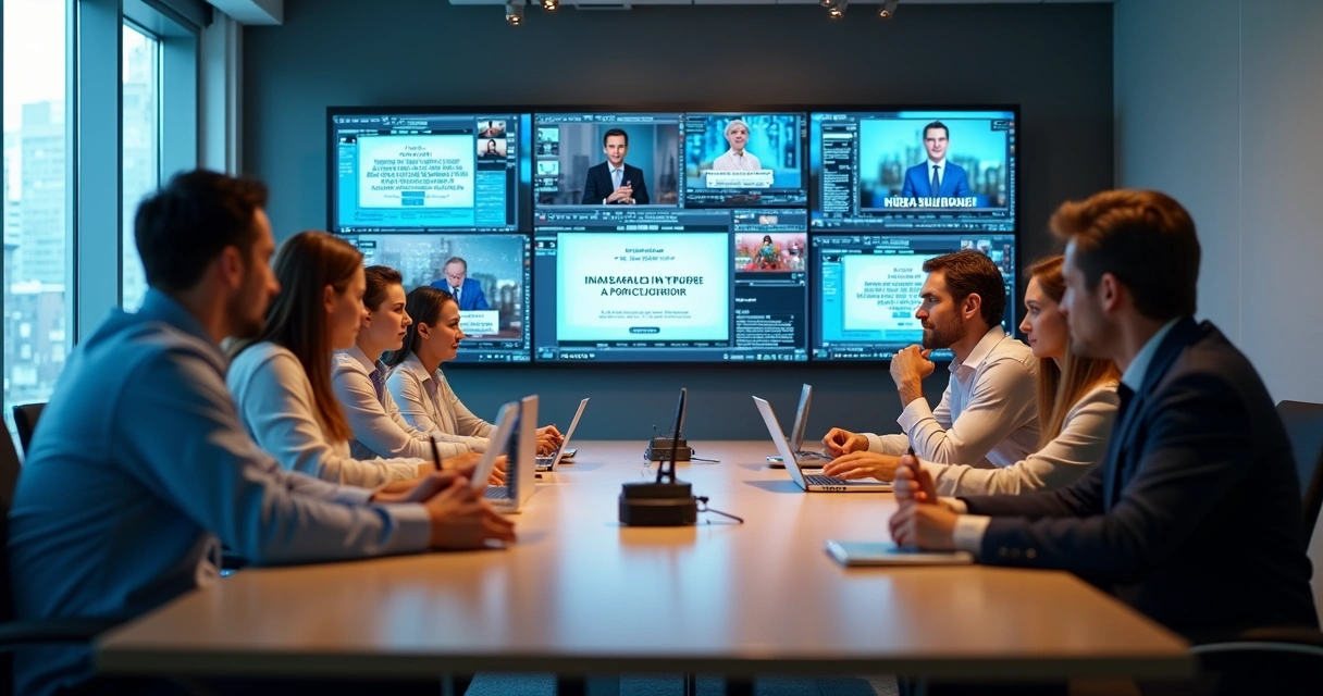 Equipe em sala moderna assistindo a vários vídeos corporativos em telas diferentes 
