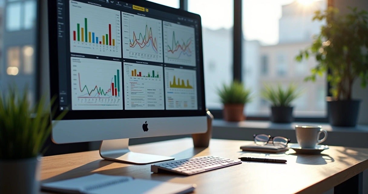 Mesa com computador mostrando gráficos de dados confusos e ruim design na tela 