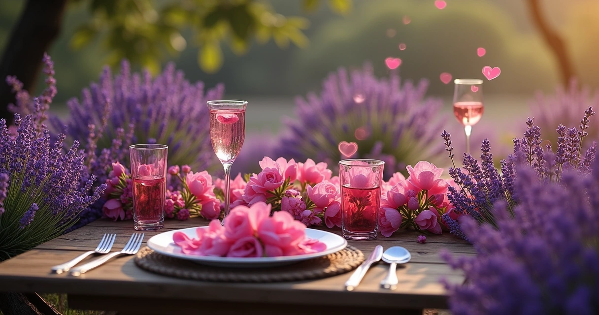Disposição de ervas como rosa, lavanda, jasmim e canela em uma mesa rústica, simbolizando amor e harmonia.