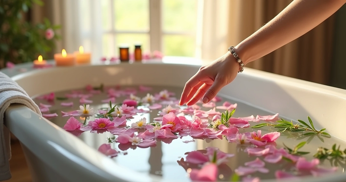 Banheira branca decorada com pétalas de flores e ervas, ambiente acolhedor.