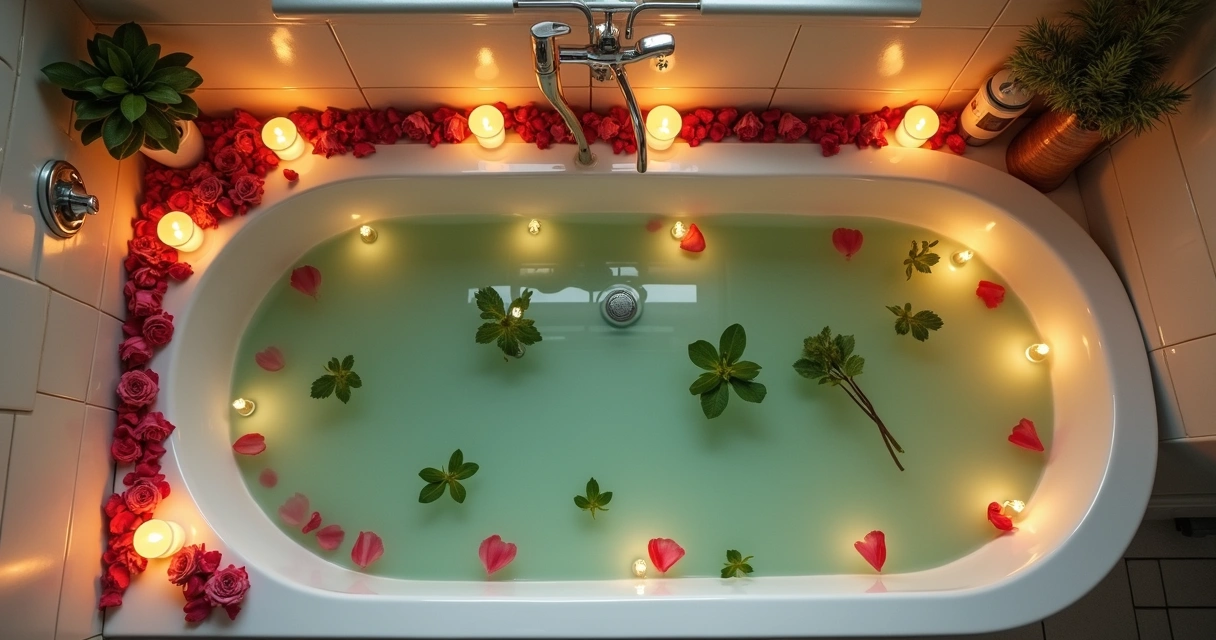 Ervas frescas espalhadas em uma banheira com água morna, com pétalas de rosa e velas ao redor 