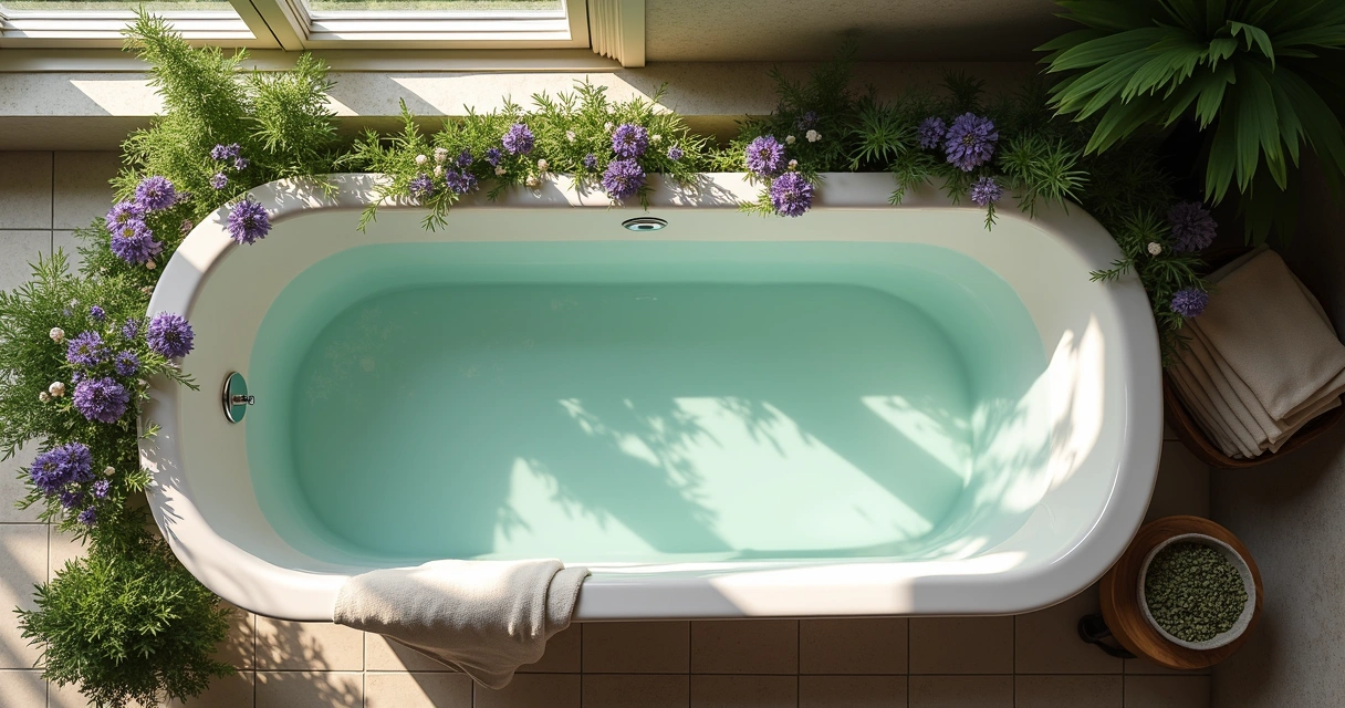 Ervas frescas e pétalas espalhadas ao redor de uma banheira cheia de água morna 